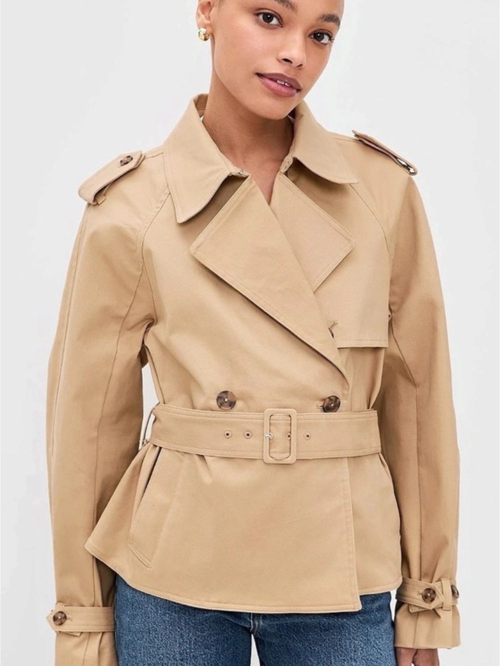 Good American The Cropped Trench Jacket Beige Small